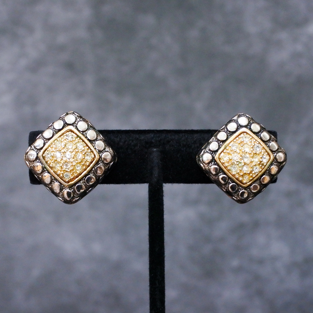 Vintage Rhinestone Silver & Gold Tone Metal Clip On Earrings